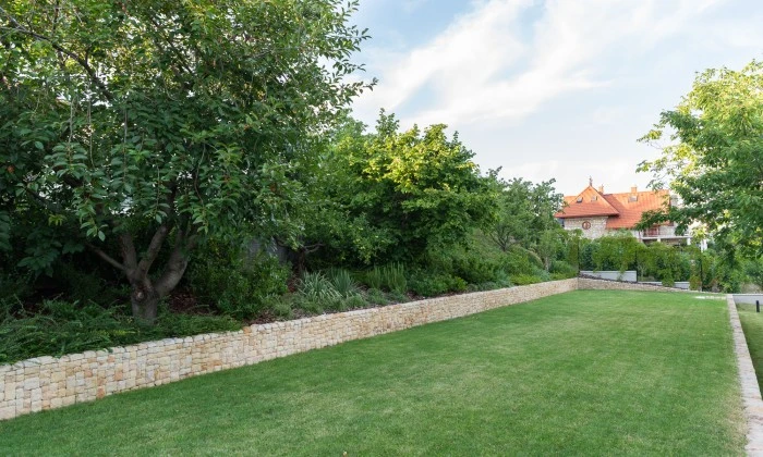 Mediterrán kert gyümölcsössel és óriás borókákkal