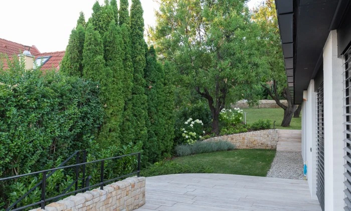 Mediterrán kert gyümölcsössel és óriás borókákkal