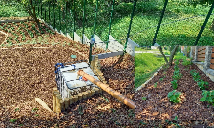 Bakonybél – meredek rézsűfelületen virágzó évelőágyak, automata öntözőrendszerrel